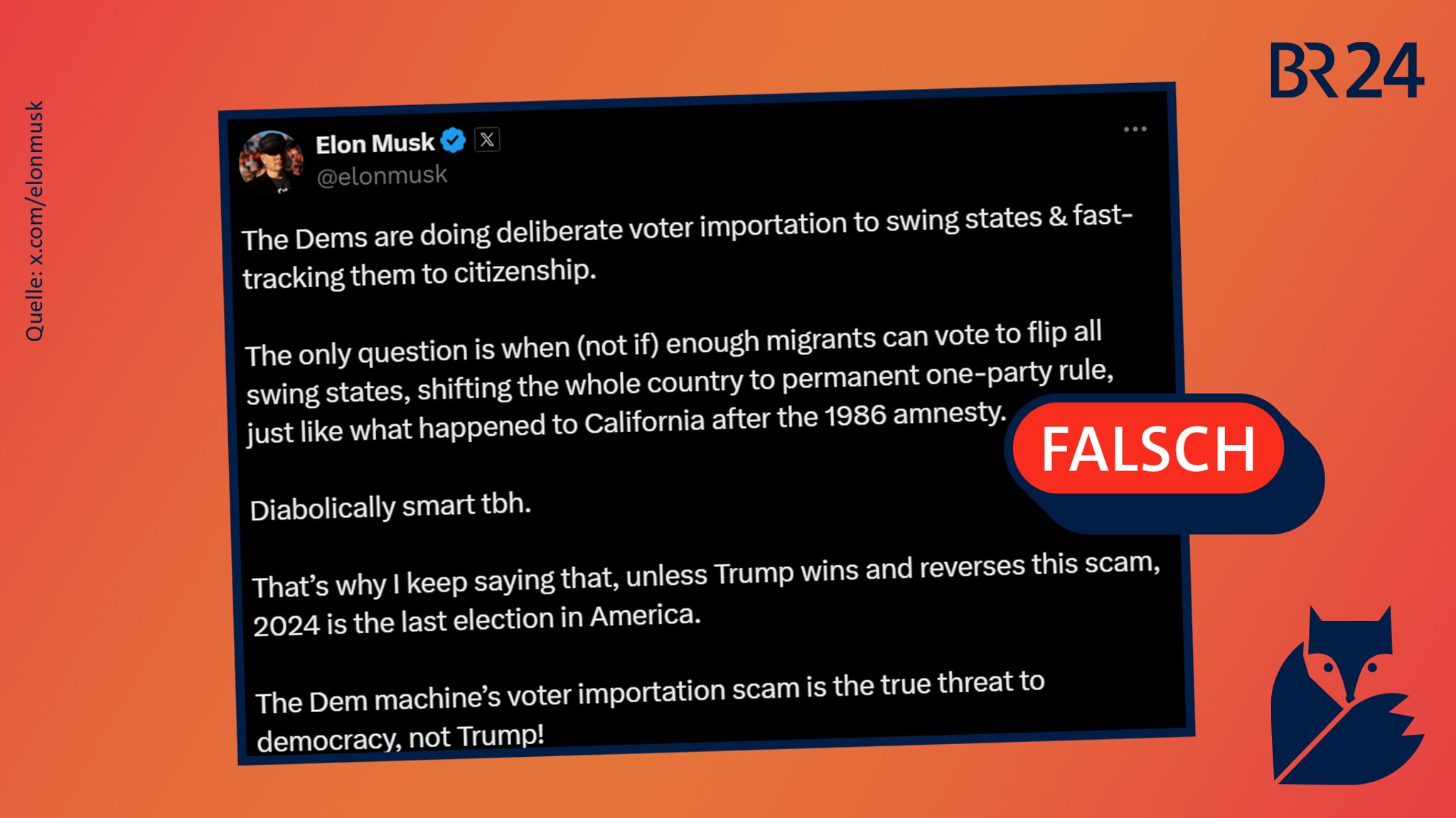 Ein Tweet von Elon Musk, in dem er die Falschbehauptung tätigt, dass die Demokraten Migranten in "Swing States" bringen, damit diese für sie stimmen.