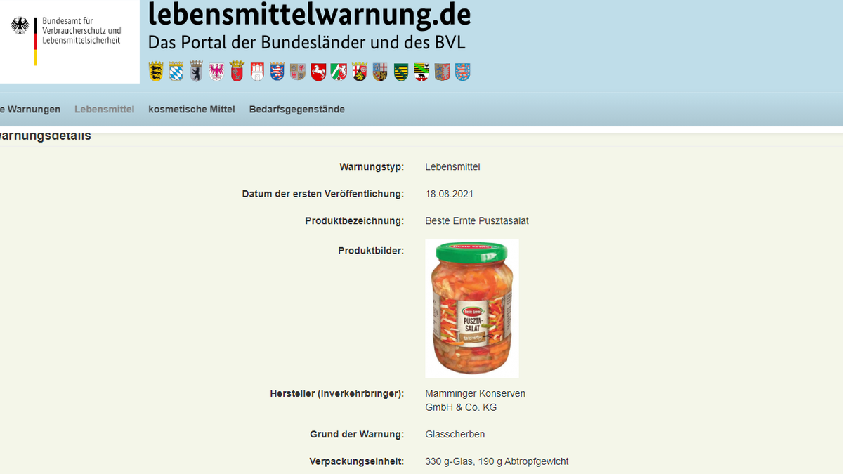 Screenshot der offiziellen Lebensmittelwarnung