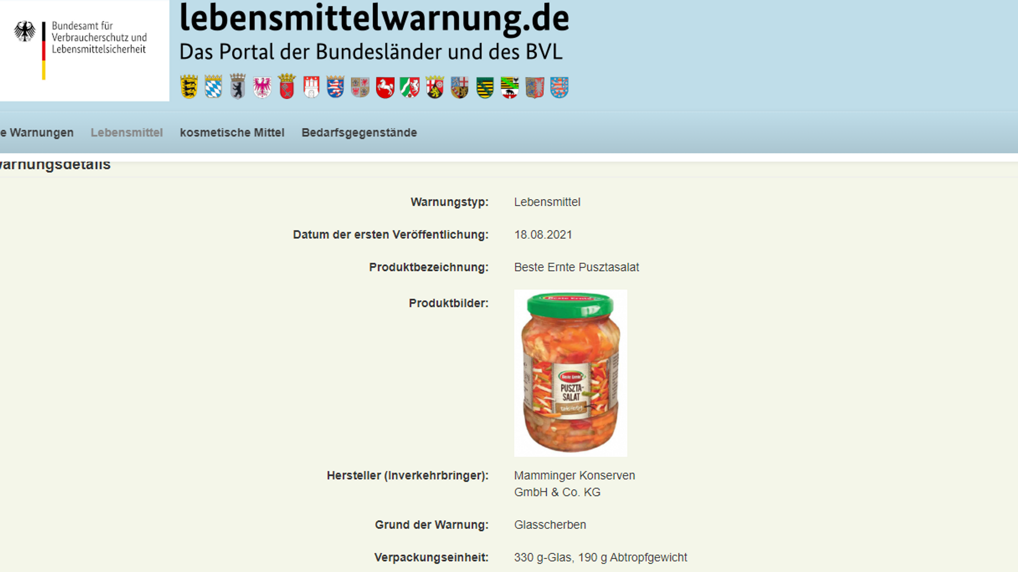 Screenshot der offiziellen Lebensmittelwarnung | Bild: Bundesamt für Verbraucherschutz und Lebensmittelsicherheit Screenshot der offiziellen Lebensmittelwarnung