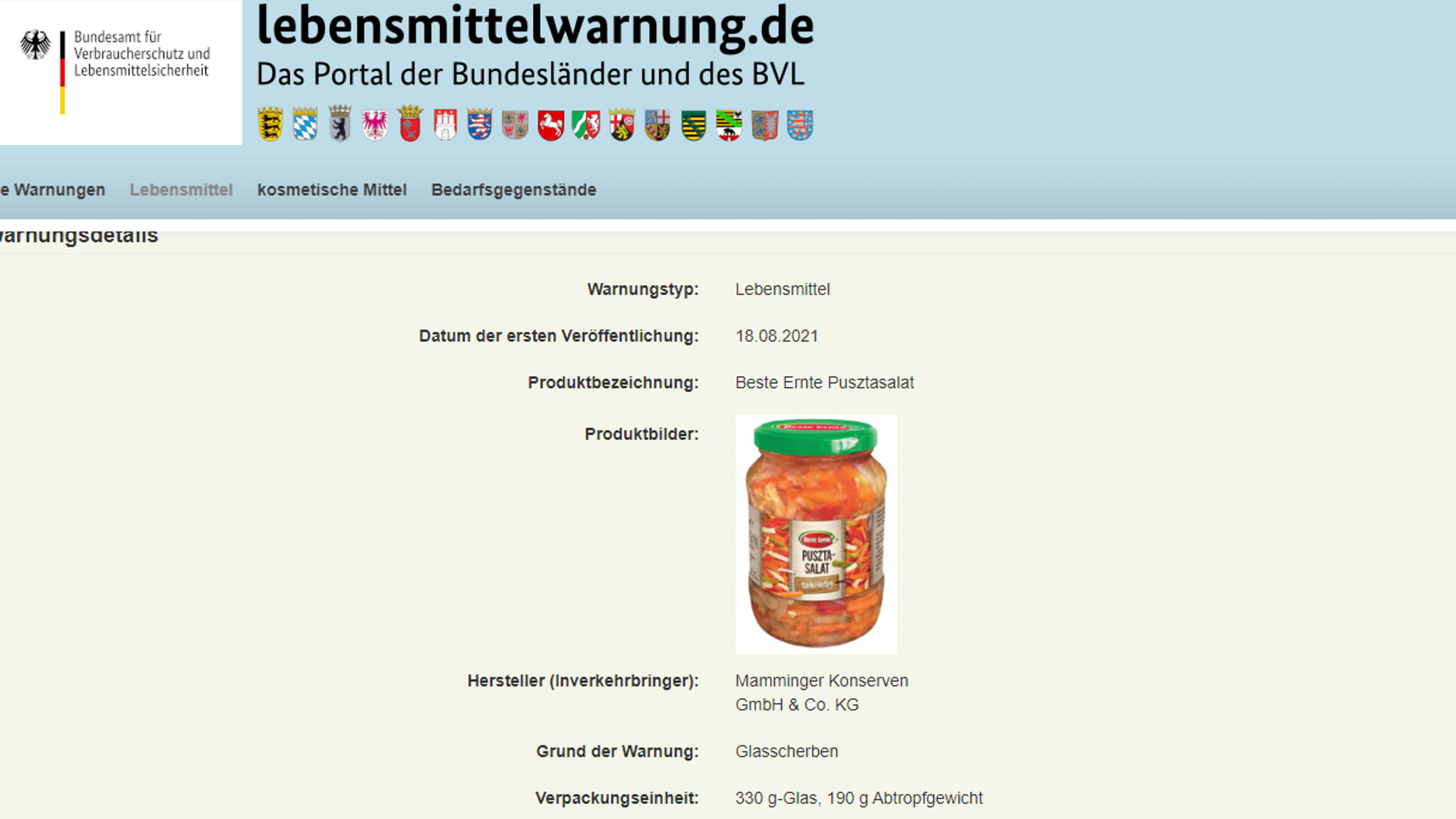 Screenshot der offiziellen Lebensmittelwarnung