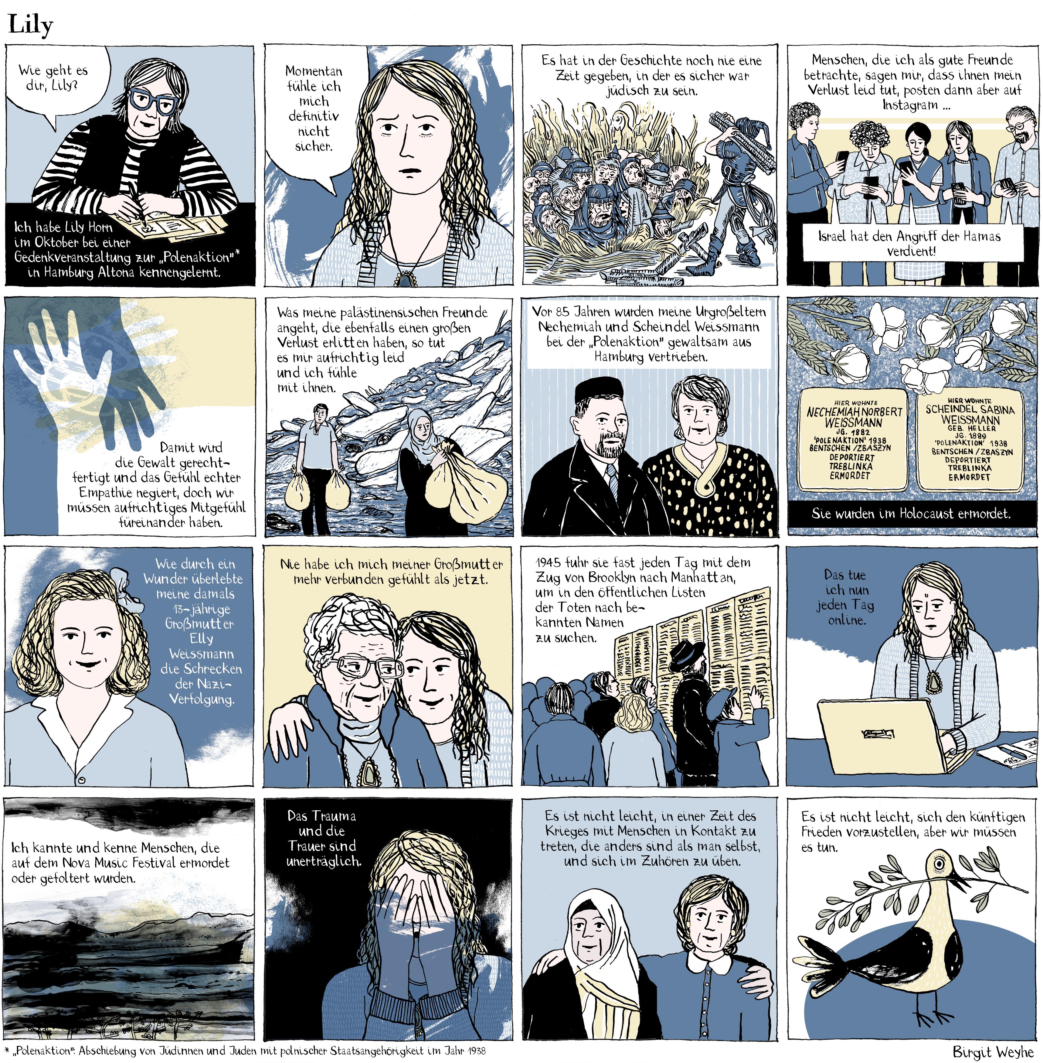 Gezeichnetes Porträt von Lily Horn. In der Sprechblase steht: "Ich fühle mich nicht sicher."