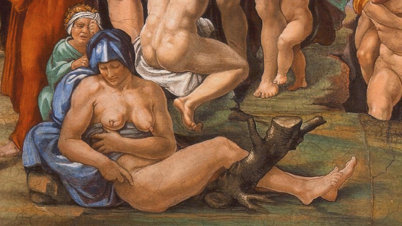 Ausschnitt aus Michelangelos Fresko "Die Sintflut". Abgebildet ist eine Frau mit einem Brustkrebs-Geschwulst. | Bild: Screenshot: Capriccio / BR Ausschnitt aus Michelangelos Fresko "Die Sintflut". Abgebildet ist eine Frau mit einem Brustkrebs-Geschwulst.