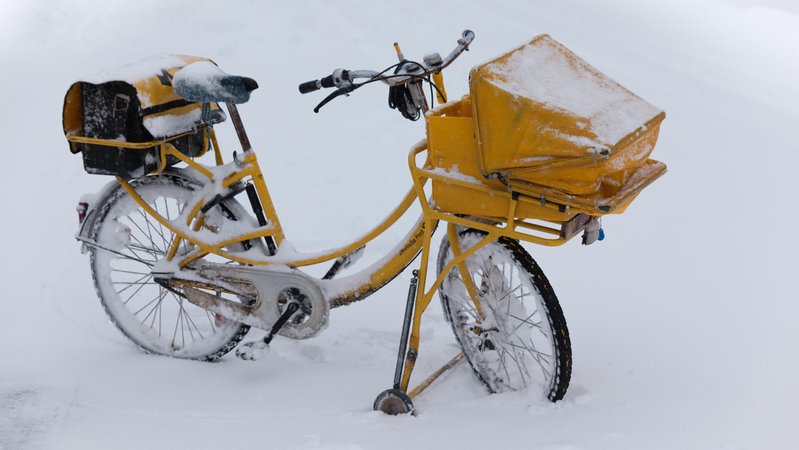 Gelbes Postradl im Schnee. 