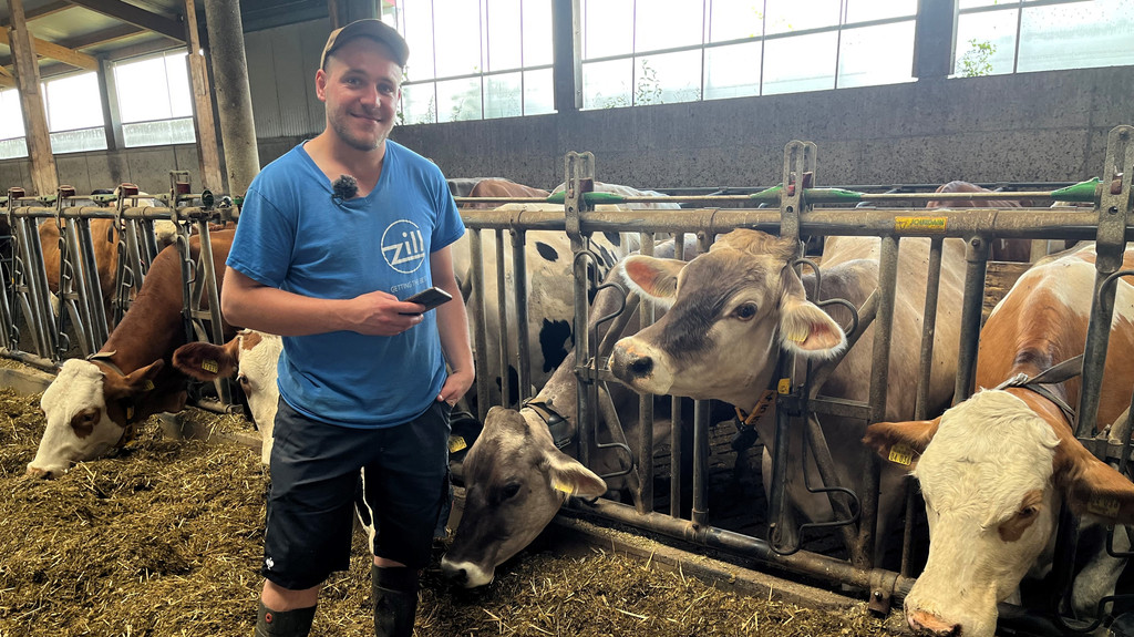 Landwirt Michael Sing neben den Kühen in seinem Kuhstall auf seinem Hof in Bergheim im Landkreis Dillingen.