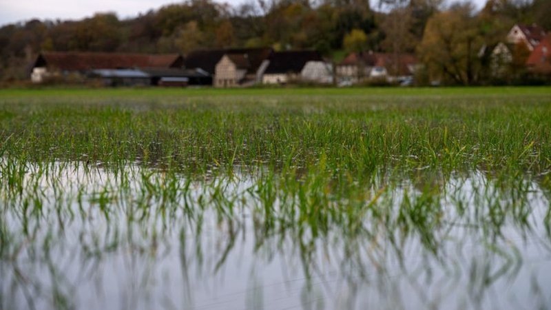 Eine überschwemmte Wiese in Unterfranken im November 2023.