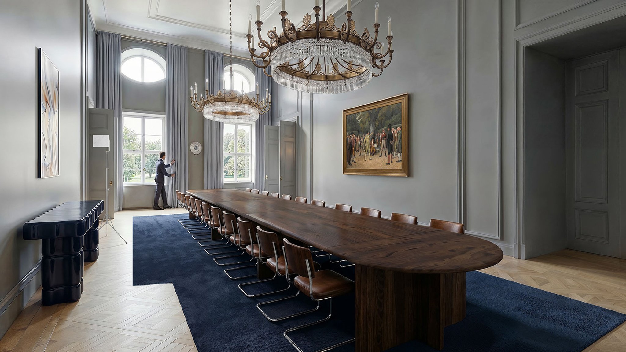 Konzentrierte Atmosphäre: Der neue Robert-Blum-Saal, dem Thema "Volsksouveränität" gewidmet | Bild: Henn Architekten Konzentrierte Atmosphäre: Der neue Robert-Blum-Saal, dem Thema "Volsksouveränität" gewidmet
