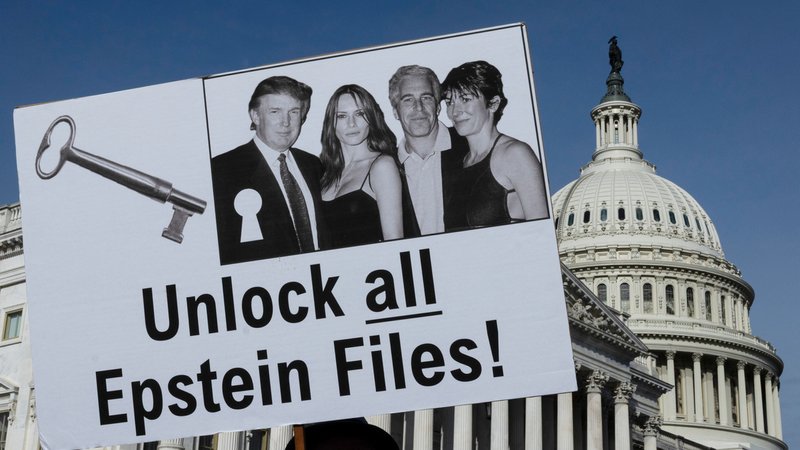 Demonstranten halten in Washington Schilder während einer Pressekonferenz zum Epstein-Fall in die Luft. | Bild: dpa-Bildfunk/Mehmet Eser Demonstranten halten in Washington Schilder während einer Pressekonferenz zum Epstein-Fall in die Luft.