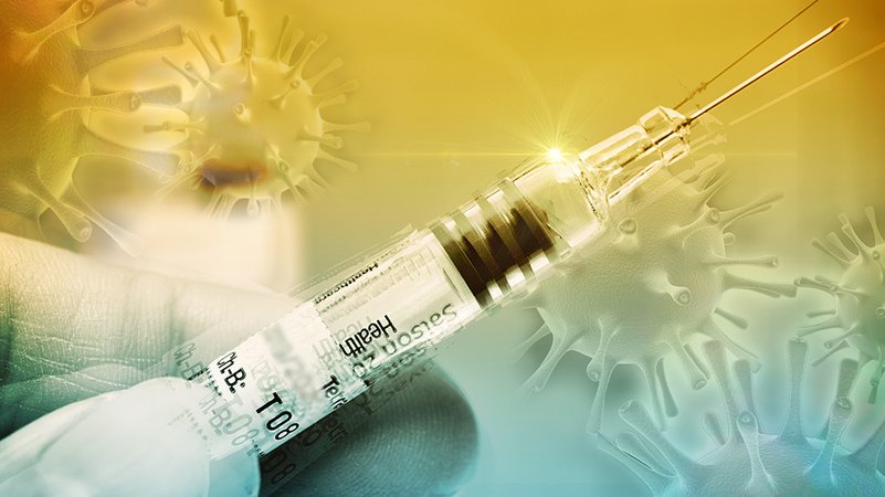 Spritze vor gelb-grauem Hintergrund mit grafischen Viren.