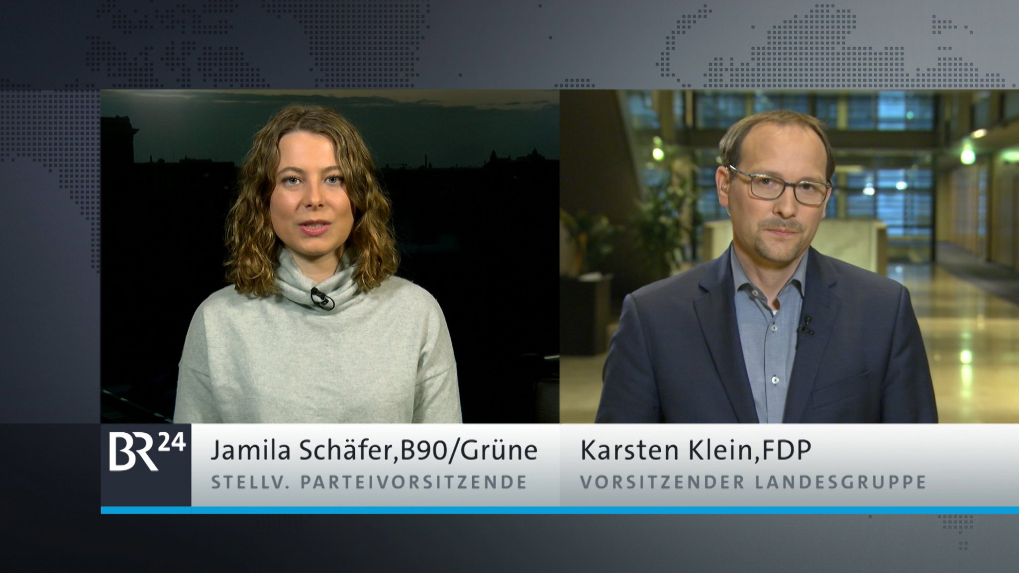 Jamila Schäfer, Grüne, und Karsten Klein, FDP, im Interview mit der BR24 Rundschau