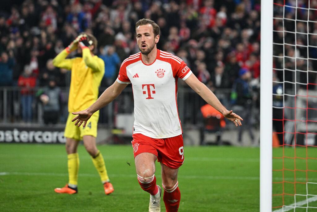 05.03.2024, Bayern, München: Fußball: Champions League, FC Bayern München - Lazio Rom, K.o.-Runde, Achtelfinale, Rückspiele, Allianz Arena. Münchens Harry Kane jubelt nach seinem Tor zum 1:0. Foto: Sven Hoppe/dpa +++ dpa-Bildfunk +++