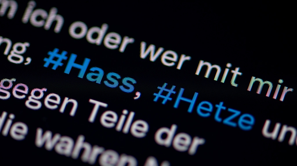 Die Wörter #Hass und #Hetze in blauer Schrift auf einem Computerbildschirm hervorgehoben.