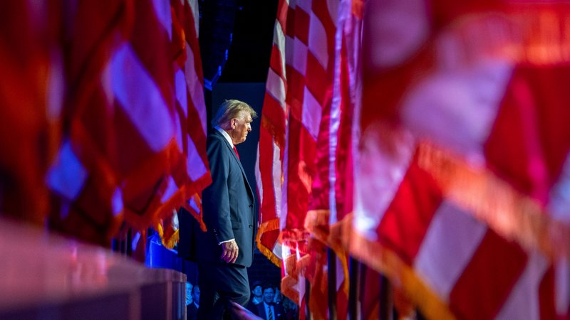 Donald Trump steht zwischen US-amerikanischen Flaggen | Bild: dpa-Bildfunk/Julia Demaree Nikhinson Donald Trump steht zwischen US-amerikanischen Flaggen