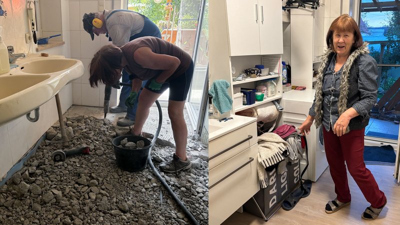 Das Bad von Josefina Groß bei den Renovierungsarbeiten nach dem Hochwasser und heute, vier Monate später. | Bild: BR/Judith Zacher Das Bad von Josefina Groß bei den Renovierungsarbeiten nach dem Hochwasser und heute, vier Monate später.