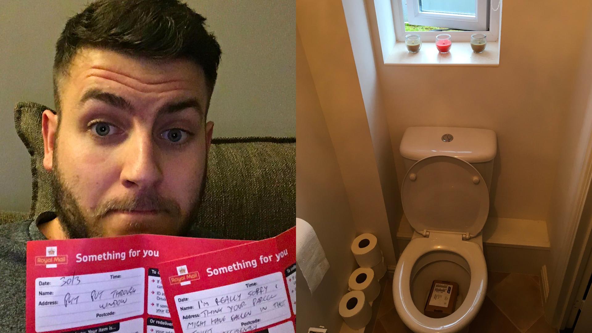 Sehr lustiger Paket-Fail Zettel im Briefkasten, Paket in der Toilette