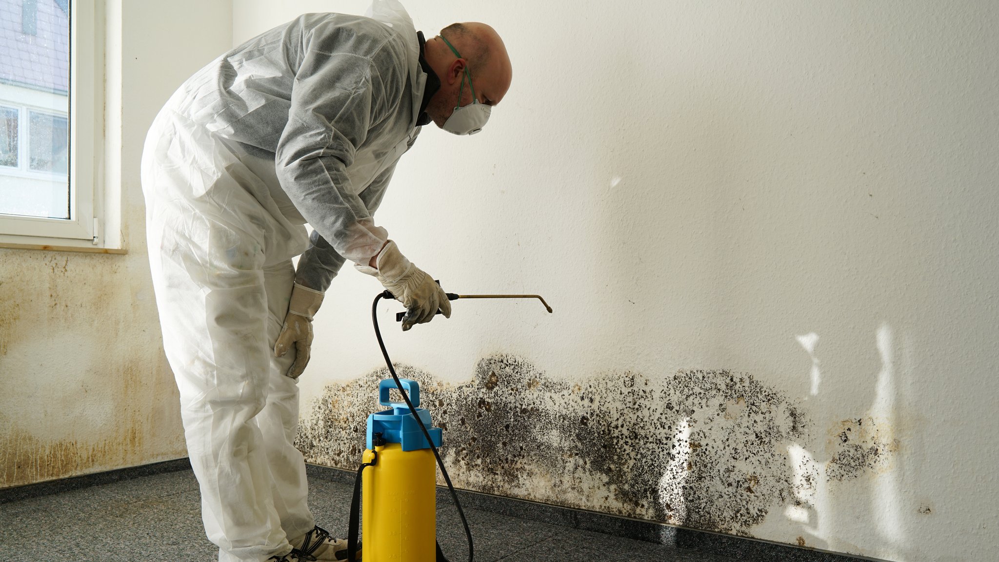 Mann im Schutzanzug und mit Maske steht mit einem großen gelben Sprühkanister vor einer schimmeligen Wand.