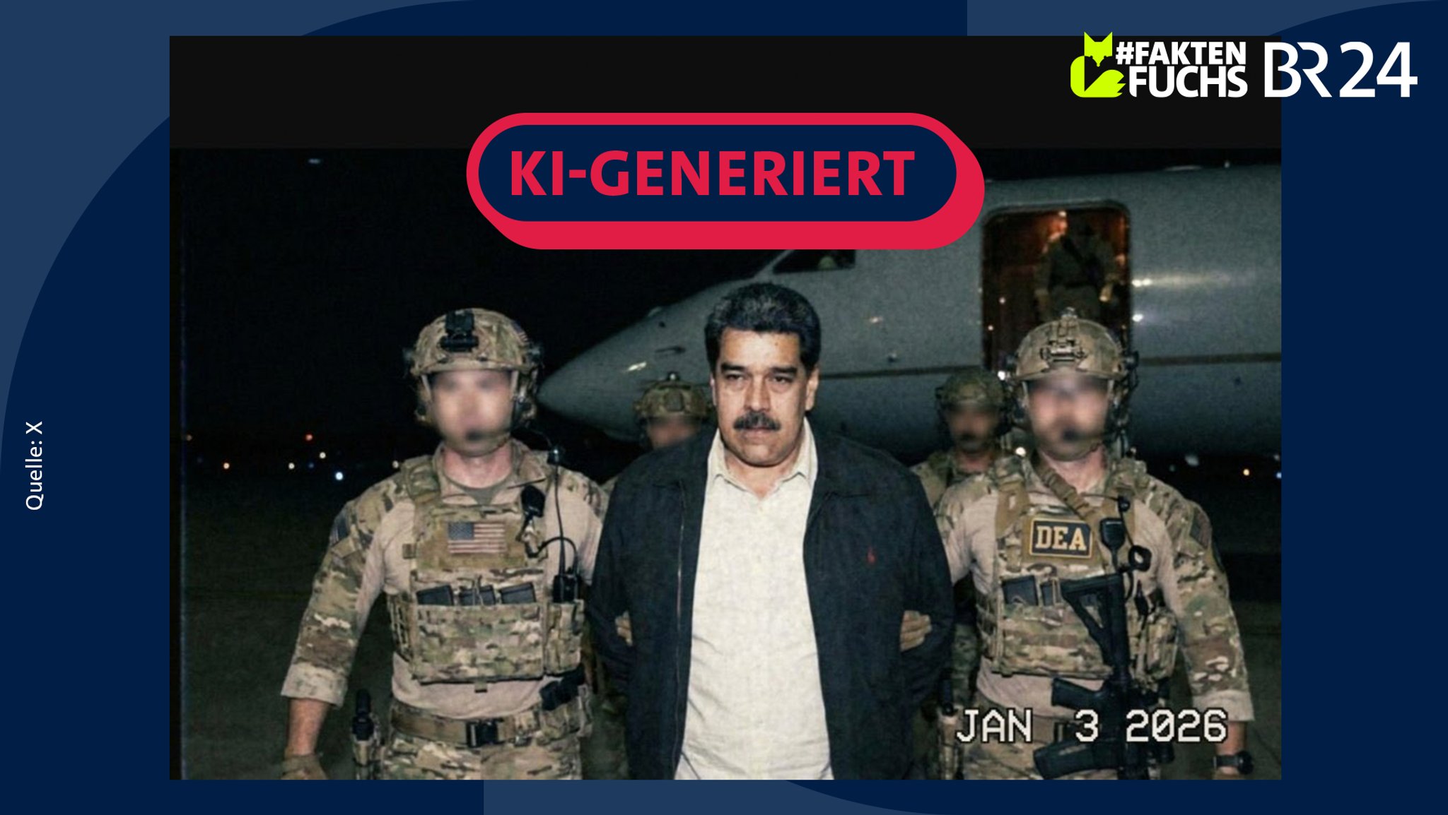 KI-Bild von Maduro mit DEA-Agenten vor einem Flugzeug.