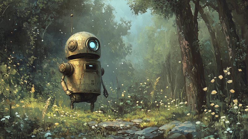 KI-generiertes Bild mit dem Prompt: "Ein einsamer Roboter in der Wildnis" | Bild: Midjourney / von der Redaktion erstellt KI-generiertes Bild mit dem Prompt: "Ein einsamer Roboter in der Wildnis"