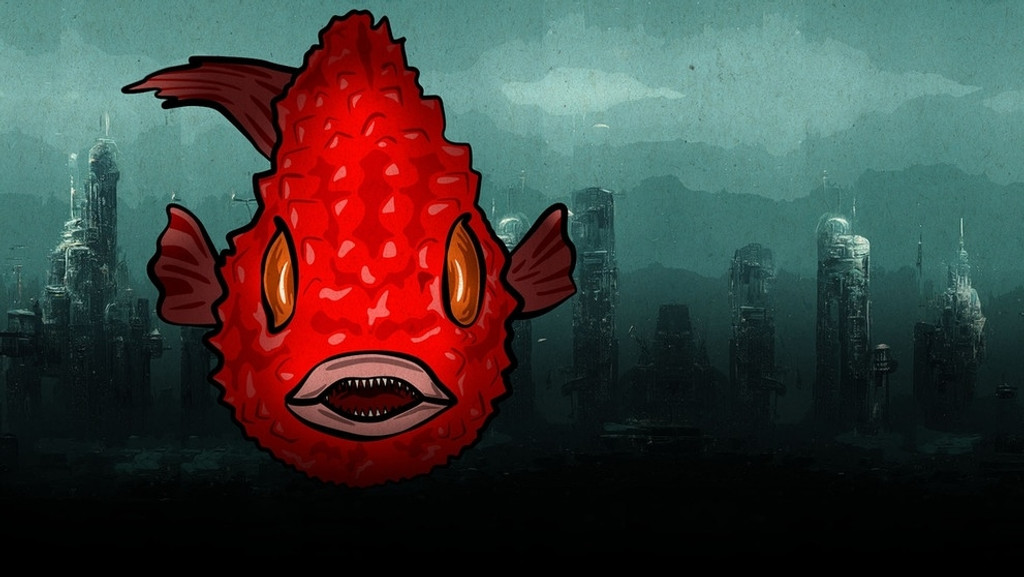 "Der Gemeine Lumpfisch": Ein roter Fisch vor dem Hintergrund einer futuristischen Stadt-Skyline unter einem düsteren, türkisen Himmel 