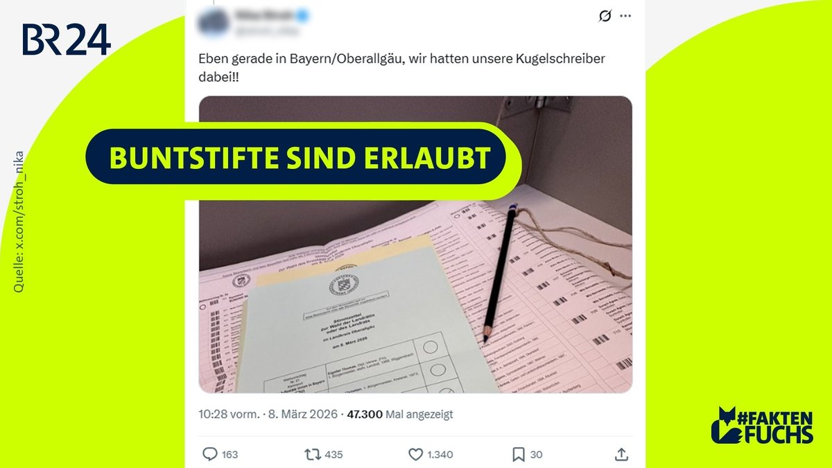 Stimmzettel zu den Kommunalwahlen im Landkreis Oberallgäu und ein dunkler Buntstift, darüber der Stempel "Buntstifte sind erlaubt".