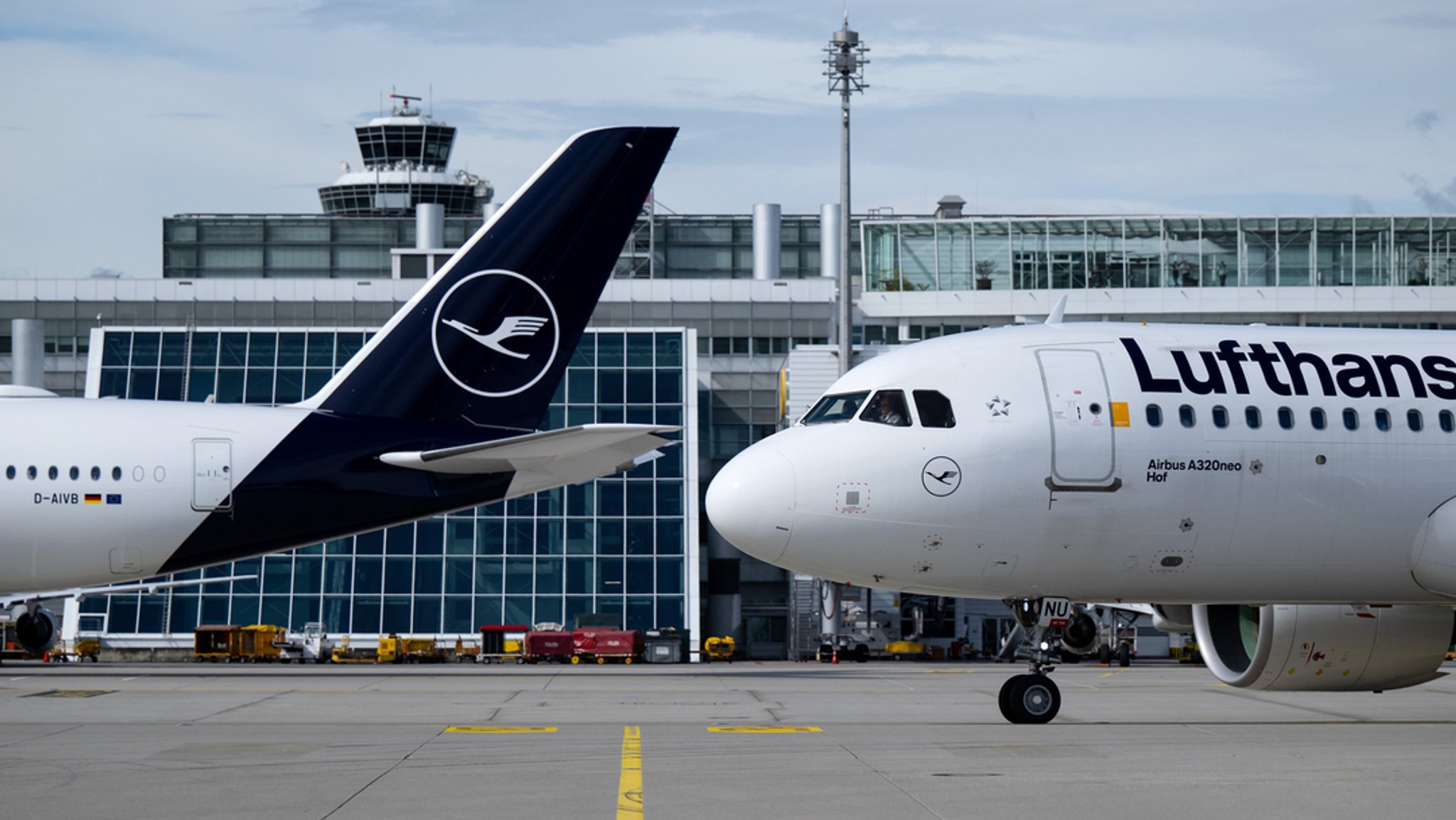 Flugzeuge der Lufthansa stehen am Flughafen München auf dem Rollfeld.