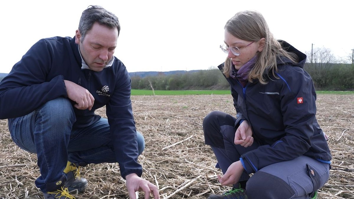Landwirt Martin Goppelt und Franziska Sippl untersuchen einen Acker.
