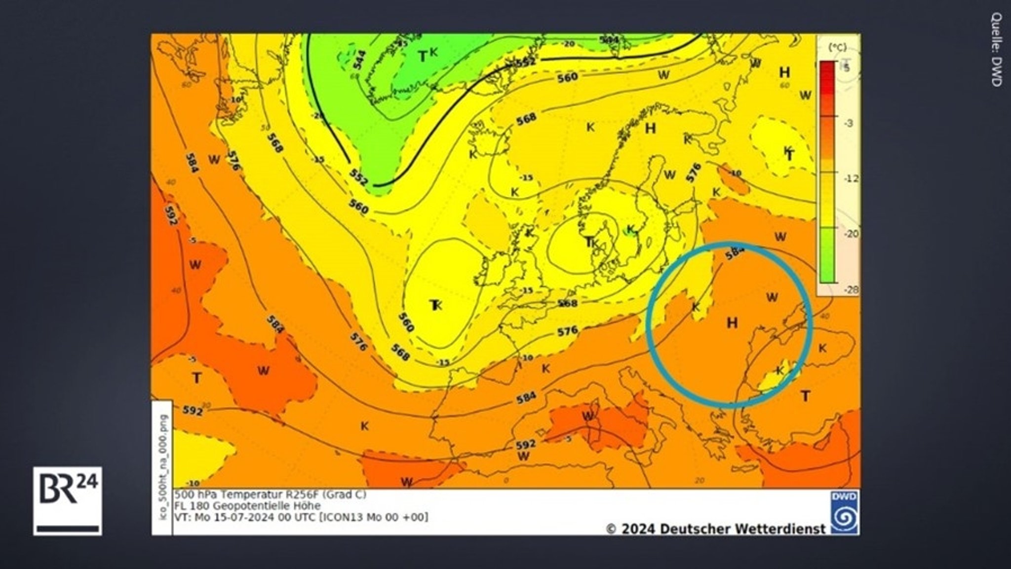 Omega Wetterlage mit stabilem Hoch über Südosteuropa: Die Ausläufer der Tiefdruckgebiete sorgen zeitweise auch in Deutschland für Regenfälle.