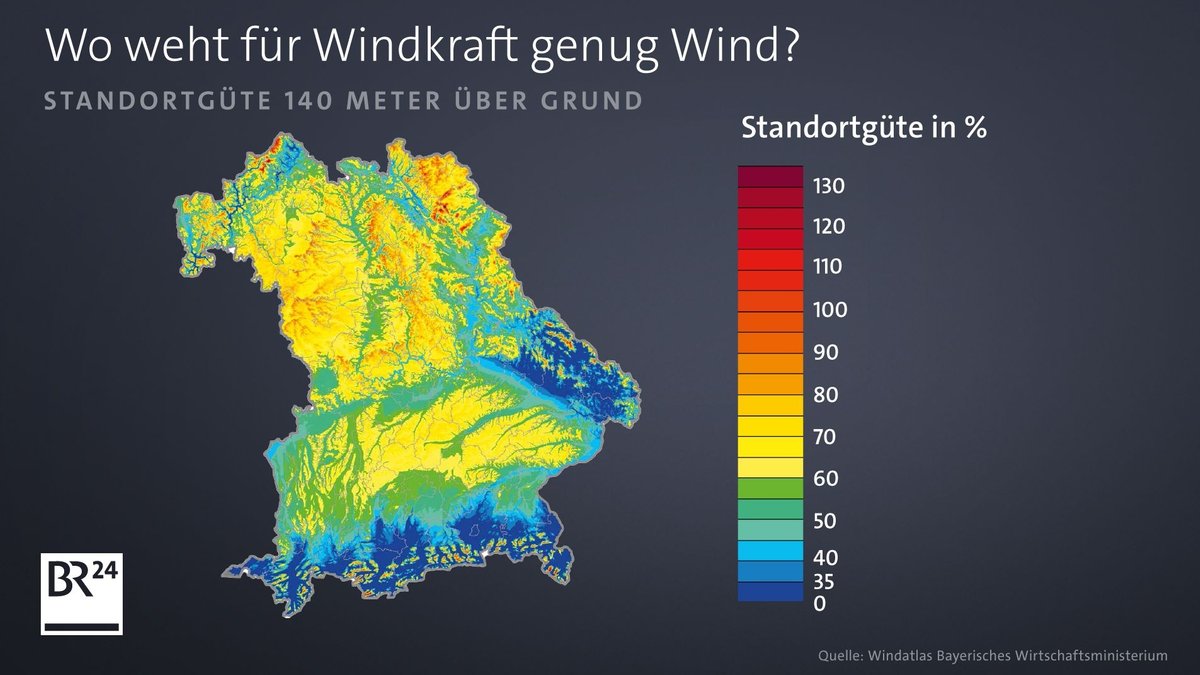 Karte, wo in Bayern genug Wind für Windkraft weht. Rot sind die besten Windkraft-Standorte, gelb ist geeignet, grün zum Teil auch. In den blau gefärbten Regionen weht zu wenig Wind.