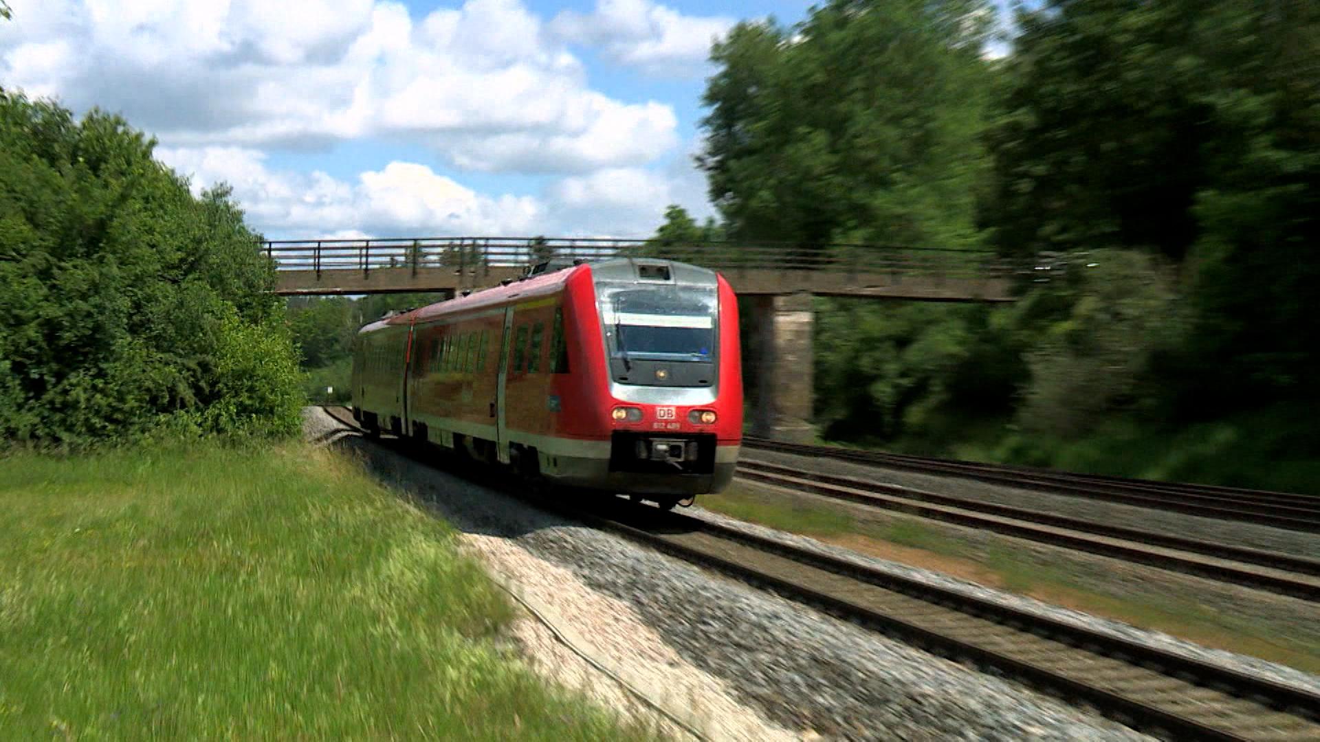 Ein Zug führt auf einem nicht elektrifizierten Bahngleis, im Hintergrund Wald und eine Brücke. 
