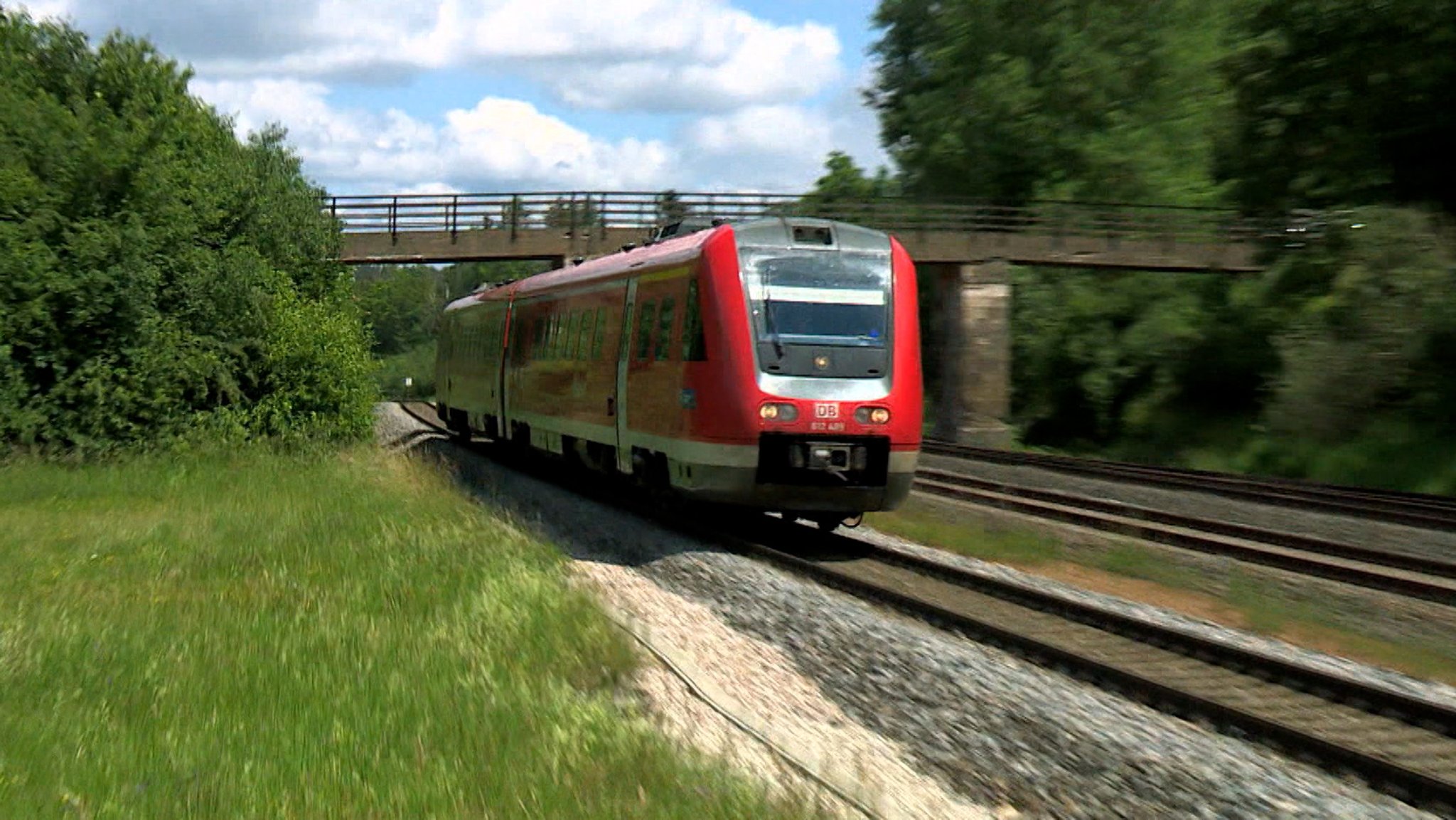 Ein Zug führt auf einem nicht elektrifizierten Bahngleis, im Hintergrund Wald und eine Brücke. 