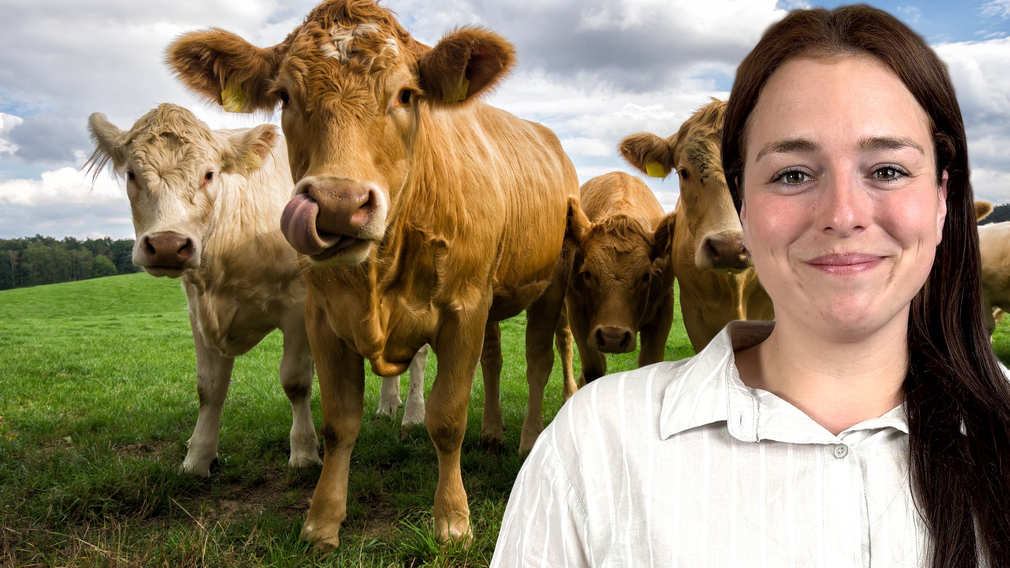 Theresa im Portrait. Im Hintergrund Kühe auf einer Weide. Theresa ist Tierärztin in einer Großtierpraxis im Nürnberger Land.