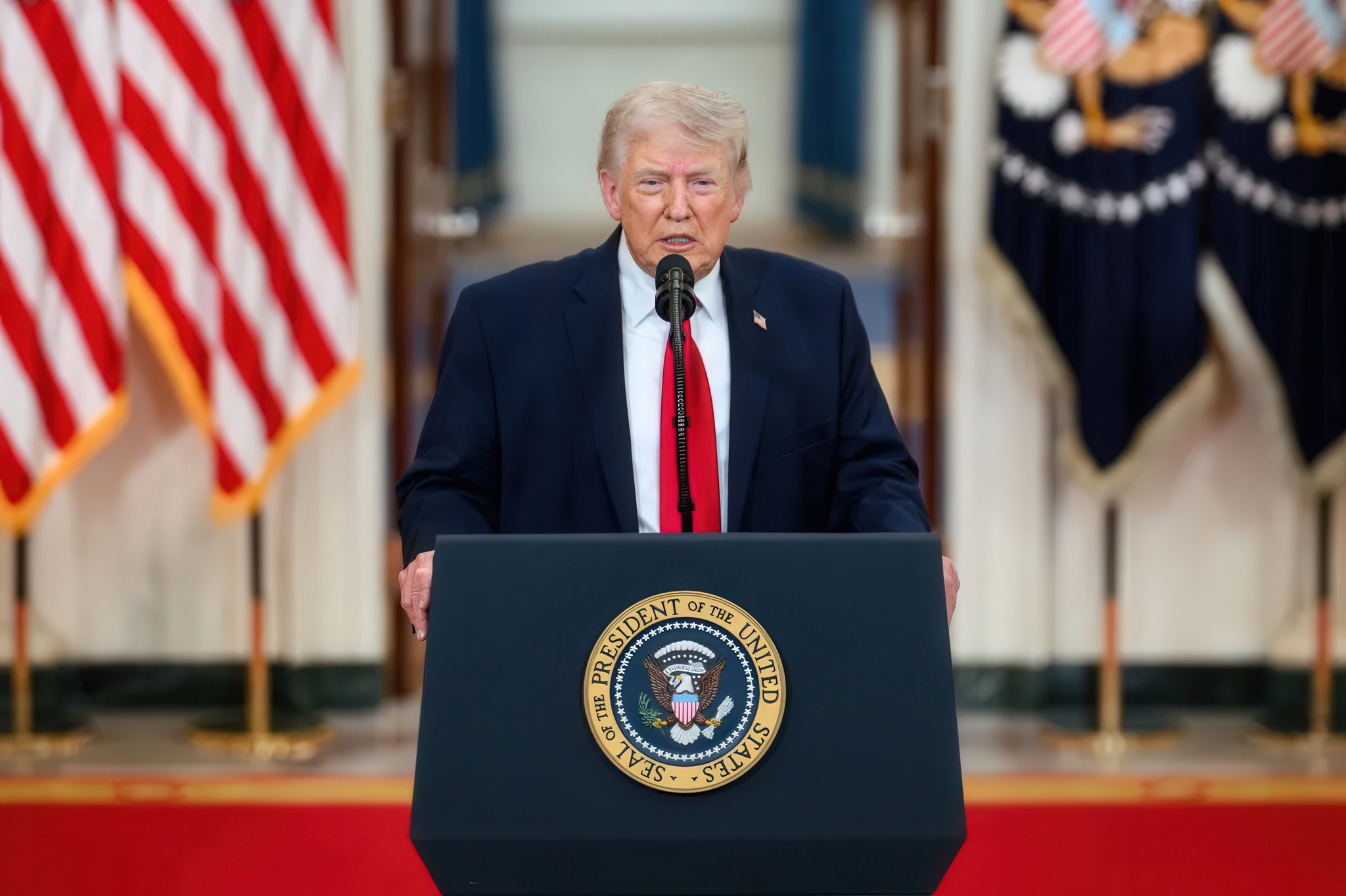 U.S President Donald Trump, delivers an address to the nation on the Iran War from the Cross Hall of the White House,