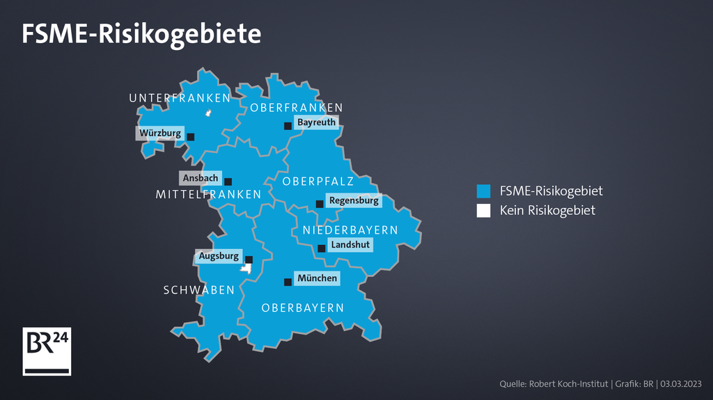 Grafik zu FSME-Risikogebieten in Bayern; nur zwei Gebiete sind als Nicht-Risikogebiet ausgewiesen.