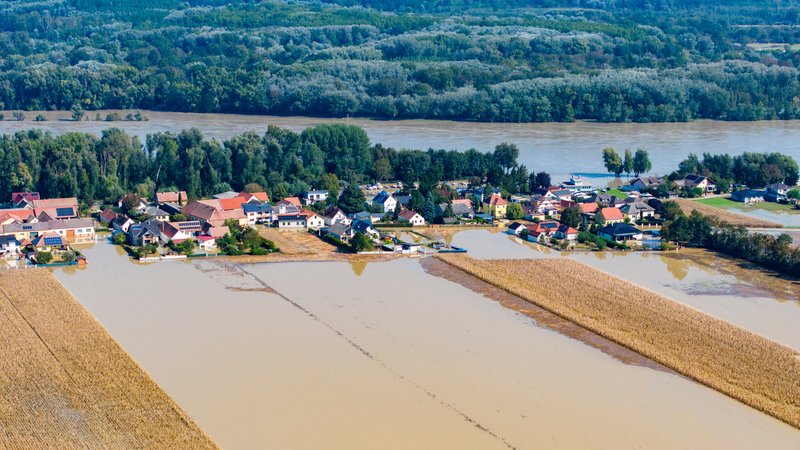 Die Gemeinde Kleinschönbichl ist vom Hochwasser umgeben und überschwemmt, hinten die Donau. | Bild: picture alliance/dpa | Christoph Reichwein Die Gemeinde Kleinschönbichl ist vom Hochwasser umgeben und überschwemmt, hinten die Donau.