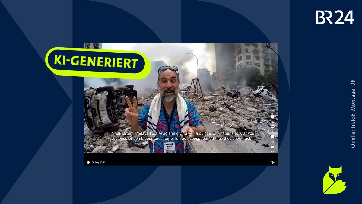 Zu sehen ist ein Screenshot eines KI-generierten Videos, in dem ein Mann sich mit einem Selfiestick vor einer Trümmerlandschaft selbst filmt und das "Peace"-Zeichen in die Kamera zeigt. Auf dem Screenshot ist ein Stempel mit der Aufschrift "KI-generiert".
