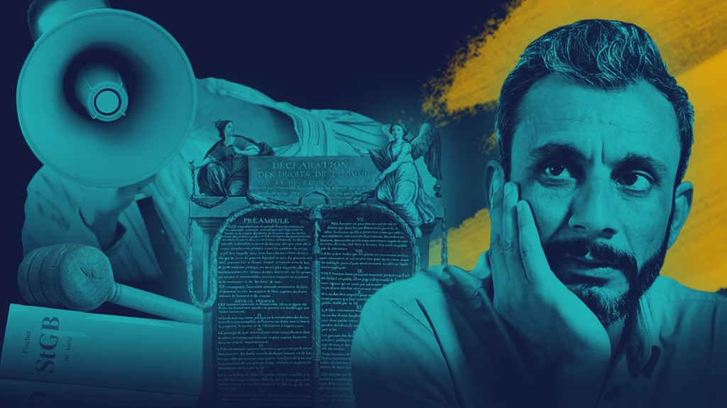 Respekt: Meinungsfreiheit - Mann mit Megaphon, Grundgesetzbuch mit Hammer, französische Gesetzestafel aus dem 18. Jahrhundert, Moderator Ramo Ali | Bild: BR, colourbox.com, picture-alliance/dpa; Montage: BR Respekt: Meinungsfreiheit - Mann mit Megaphon, Grundgesetzbuch mit Hammer, französische Gesetzestafel aus dem 18. Jahrhundert, Moderator Ramo Ali