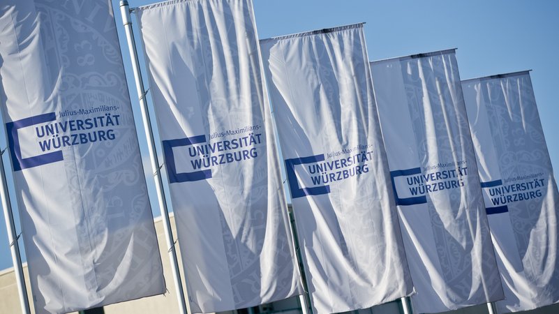 Fahnen mit dem Logo der Universität Würzburg | Bild: picture alliance / dpa | Daniel Karmann Fahnen mit dem Logo der Universität Würzburg