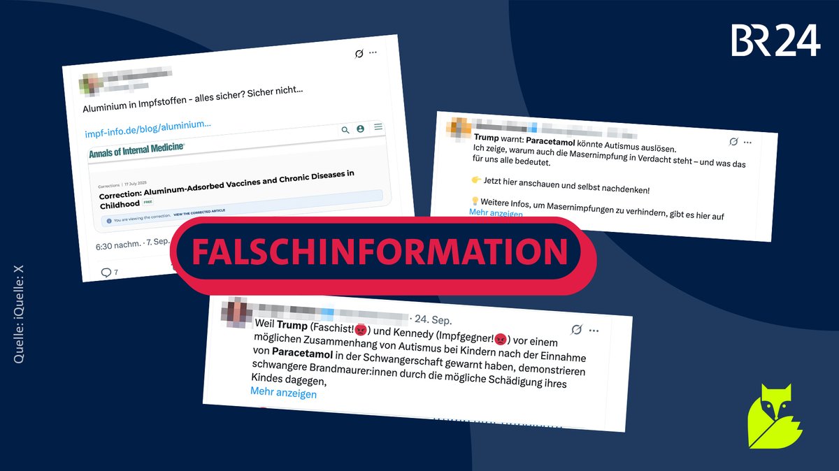 Screenshots von Posts mit Falschinformation zu Paracetamol und Impfungen in Bezug auf Autismus auf der Plattform X. | Bild: BR Grafik / X Screenshots von Posts mit Falschinformation zu Paracetamol und Impfungen in Bezug auf Autismus auf der Plattform X.