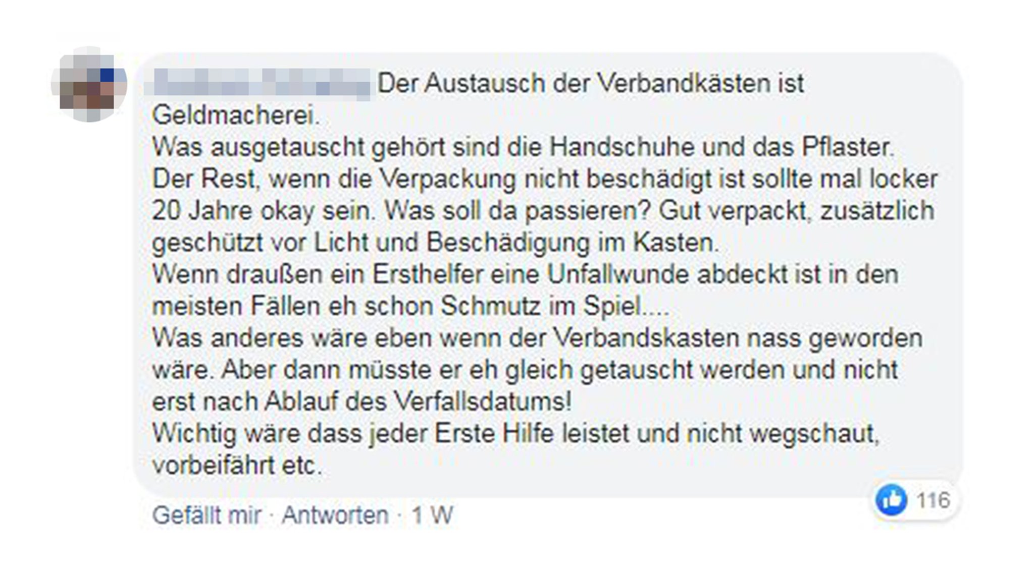 Kommentar eines Facebook-Nutzers zu Verbandskästen im Auto