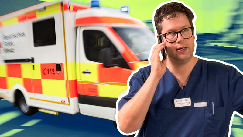 Das Vorschaubild für ein Video zeigt den Chefarzt der Notaufnahme beim Telefonieren und einen hereinfahrenden Krankenwagen | Bild: Collage: BR; Fotos: Leon Willner und dpa-Bildfunk/Nicolas Armer Das Vorschaubild für ein Video zeigt den Chefarzt der Notaufnahme beim Telefonieren und einen hereinfahrenden Krankenwagen