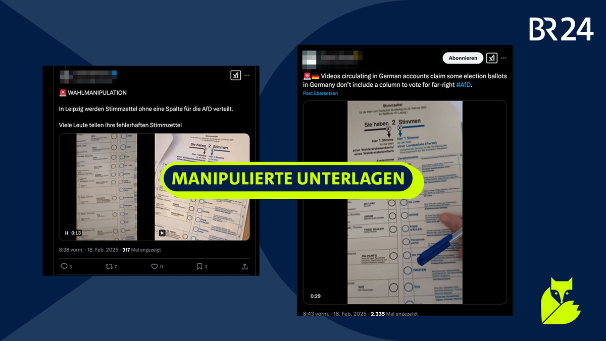 Screenshots von den Videos mit den manipulierten Wahlunterlagen. | Bild: BR Grafik / X.com Screenshots von den Videos mit den manipulierten Wahlunterlagen.