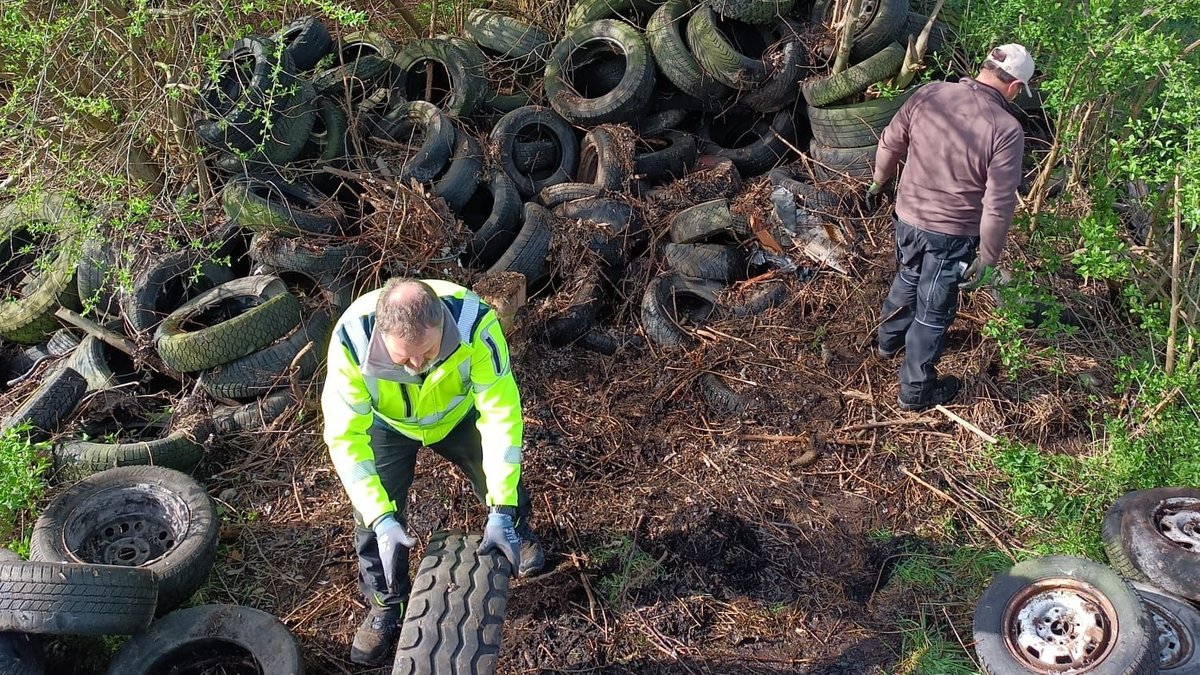 Zwei Männer entsorgen Reifen, die in der Natur abgeladen wurden.