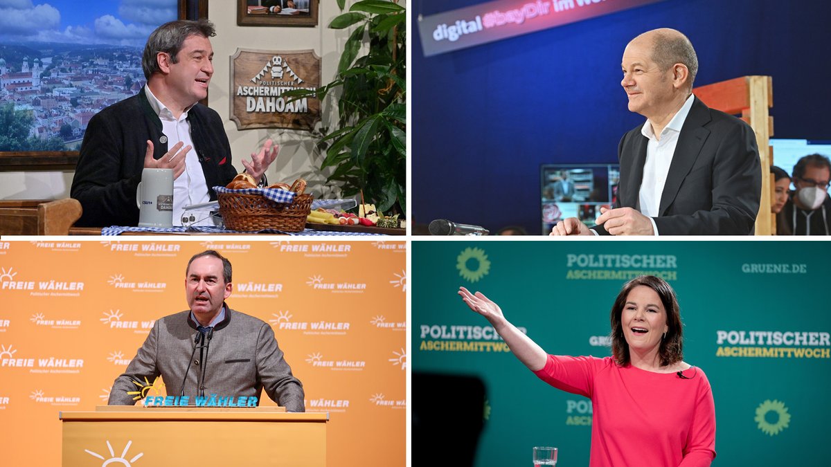 Von links oben im Uhrzeigersinn: CSU-Chef Söder, SPD-Kanzlerkandidat Scholz, Freie-Wähler-Chef Aiwanger und Grünen-Chefin Baerbock.