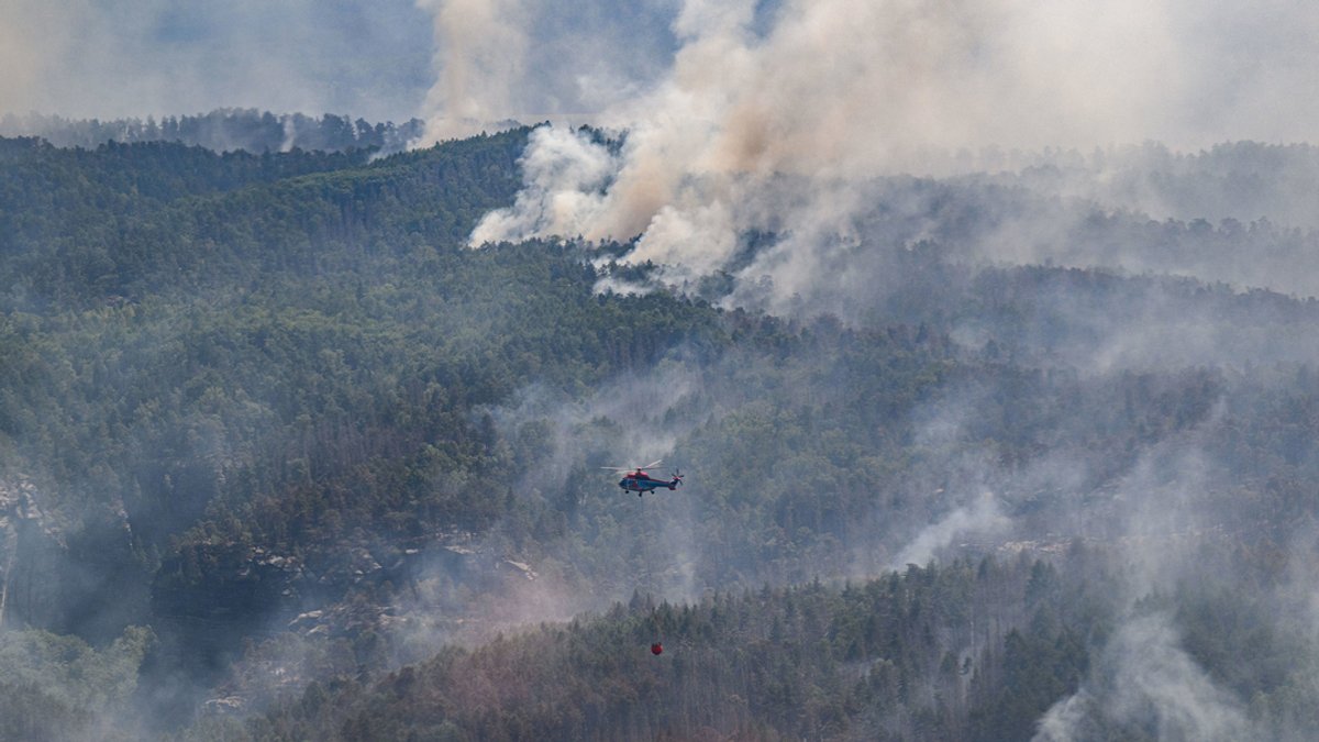 Ein Lastenhubschrauber aus Österreich flog am Donnerstag, um einen Waldbrand im Nationalpark Sächsische Schweiz zu löschen.