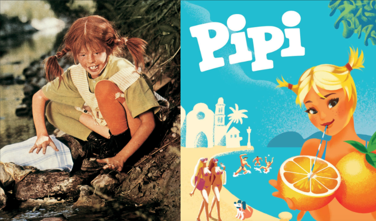 Links Pippi Langstrumpf aus der Verfilmung von 1968, rechts das Emblem der kroatischen Limonade.