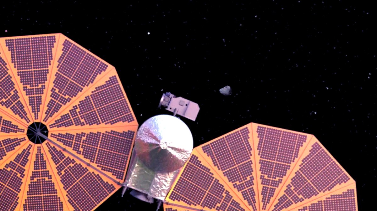 Die Raumsonde mit dem Namen Lucy soll Asteroiden studieren: Heute hat sie ihr erstes Rendezvous mit so einem Kleinplaneten. | Bild: BR Die Raumsonde mit dem Namen Lucy soll Asteroiden studieren: Heute hat sie ihr erstes Rendezvous mit so einem Kleinplaneten.
