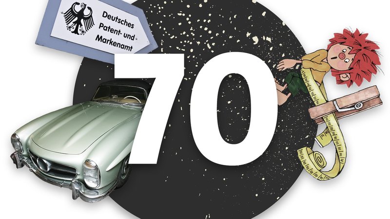 Eine Collage bestehend aus Pumuckl, einem Auto der Marke Mercedes-Benz, der Zahl 70 und dem Wegweiser zum Deutschen Patent- und Markenamt in München 