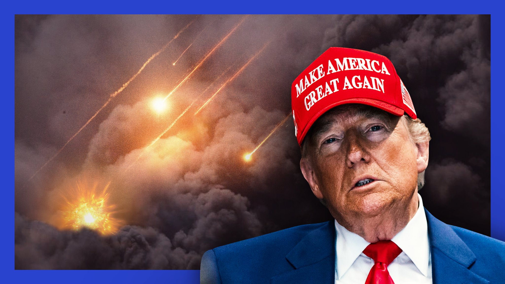 Ein Mann mit Anzug und roter Krawatte und einer roten Schirmmütze, auf der "Make America Great Again" steht: Es ist US-Präsident Donald Trump; hinter ihm schlagen Raketen ein; eine Collage | Bild: picture alliance / ZUMAPRESS.com | Ircs, picture alliance / Xinhua News Agency | Chen Junqing, picture alliance / ZUMAPRESS.com | Daniel Torok/White House, picture alliance / blickwinkel/McPHOTO/M. Gann | McPHOTO/M. Gann; Montage: BR/Maxi Schumann Ein Mann mit Anzug und roter Krawatte und einer roten Schirmmütze, auf der "Make America Great Again" steht: Es ist US-Präsident Donald Trump; hinter ihm schlagen Raketen ein; eine Collage