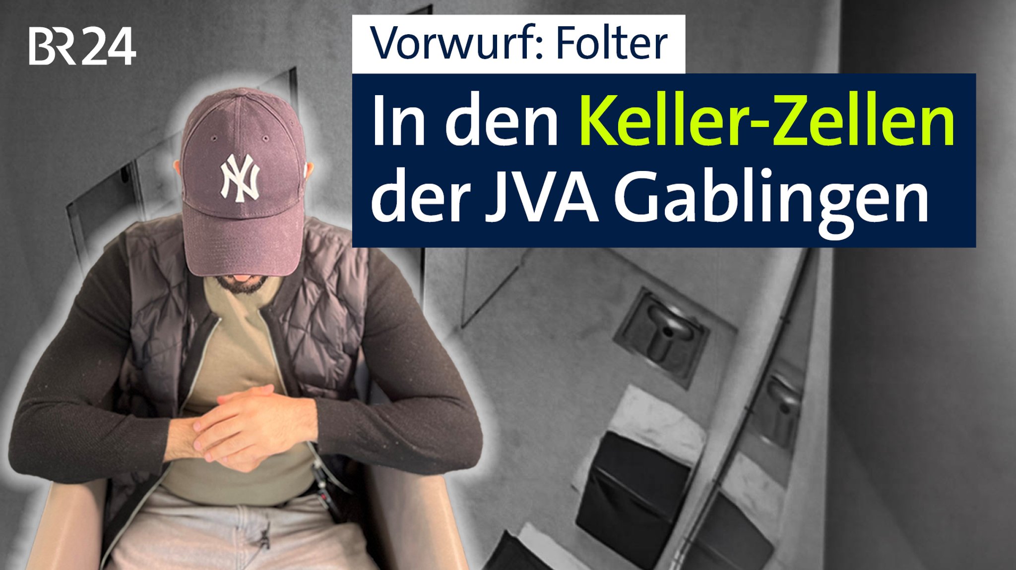 Foto-Montage: Im Vordergrund ein ehemaliger Häftling der JVA Gablingen, unkenntlich gemacht durch eine Base-Cap, im Hintergrund ein Blick auf die Bilder der Überwachungskamera in einen besonders gesicherten Haftraum.