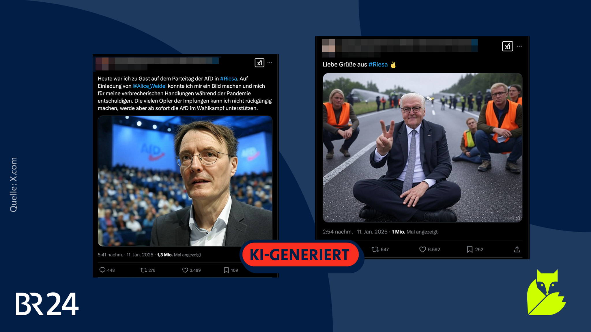 Zu sehen sind Screenshots von den Posts mit KI-generierten Bildern von Karl Lauterbach und Frank-Walter Steinmeier, von "Satire"-Accounts veröffentlicht.