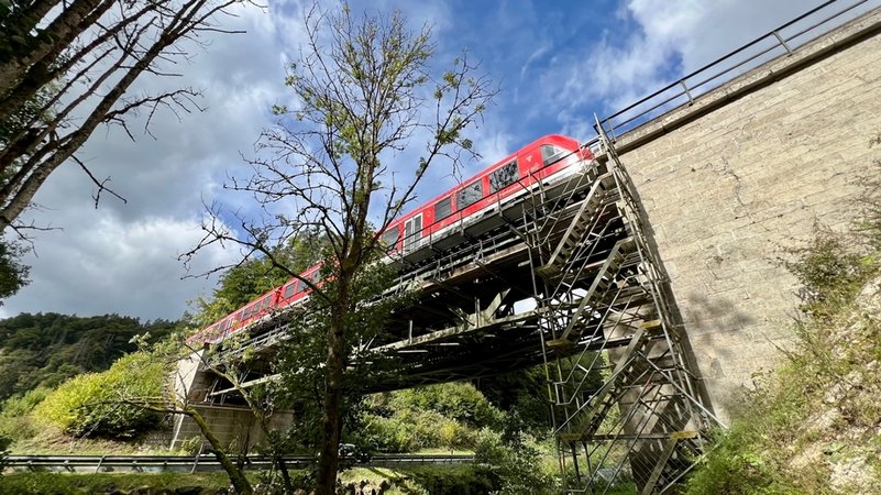 Ein Zug fährt über eine Bahnbrücke an der ein Baugerüst steht. | Bild: BR/Michael Reiner Ein Zug fährt über eine Bahnbrücke an der ein Baugerüst steht.